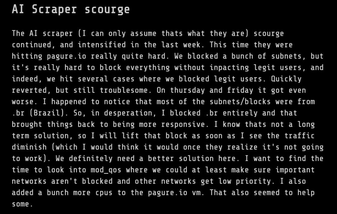 AI爬虫拖垮整个网站,开发者崩溃:禁了整个巴西的访问,才勉强救回来