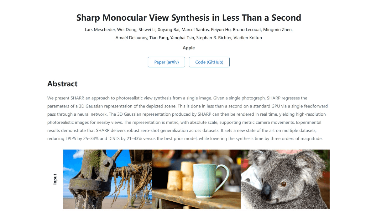 SHARP - 苹果开源的单目视图3D场景合成技术
